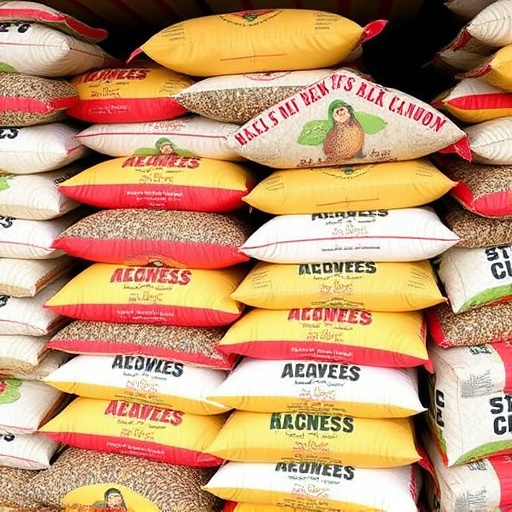 Bulk bird seed bags stacked neatly