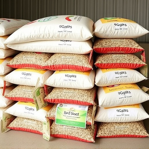 Bulk bird seed bags stacked neatly