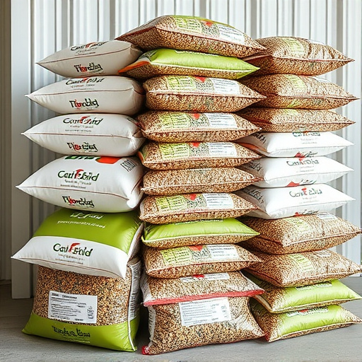 Bulk bird seed bags stacked neatly