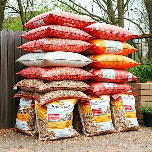 Bulk sacks of bird food stacked outdoors