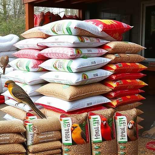 Bulk sacks of bird food stacked outdoors