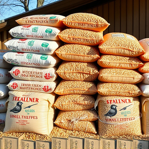 Bulk sacks of bird food stacked outdoors