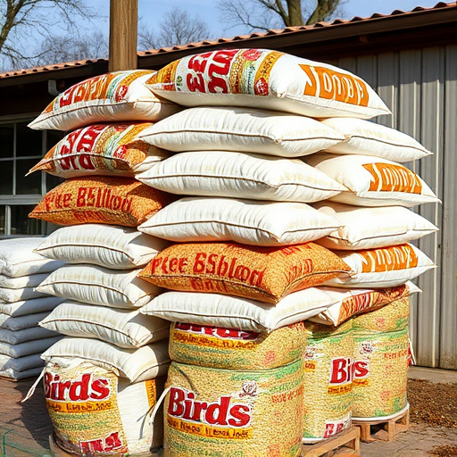 Bulk sacks of bird food stacked outdoors