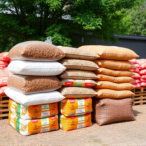 Bulk sacks of bird food stacked outdoors