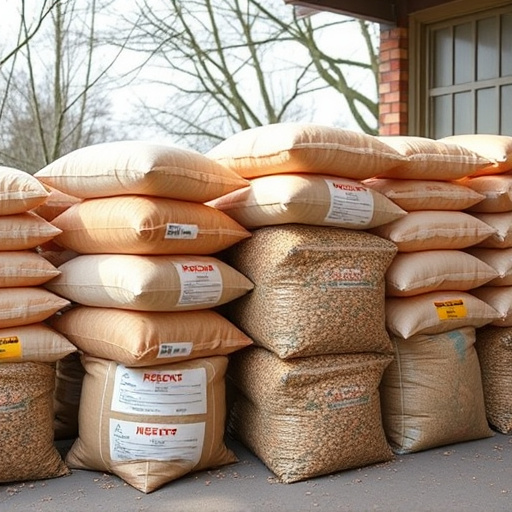 Bulk sacks of bird food stacked outdoors