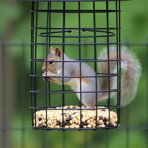 Caged feeder protecting seed from squirrel