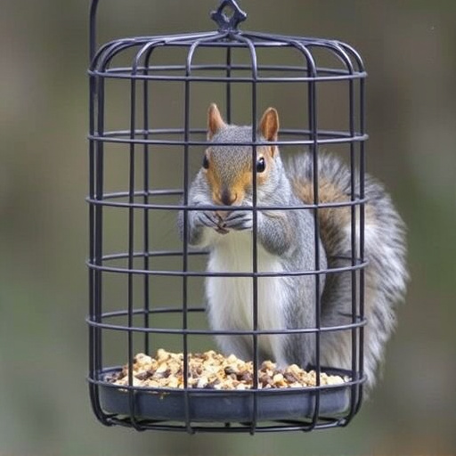 Caged feeder protecting seed from squirrel