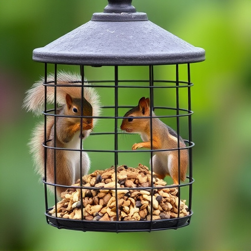 Caged feeder protecting seed from squirrel