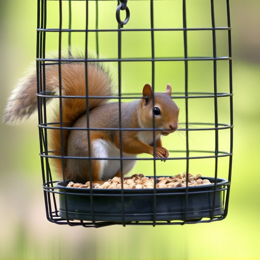 Caged feeder protecting seed from squirrel