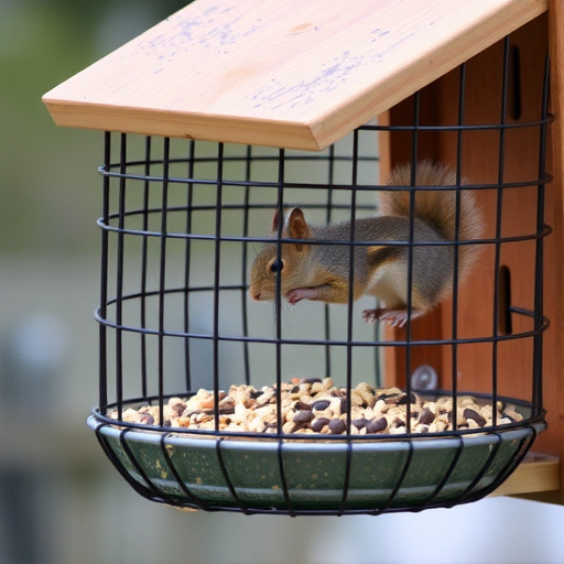 Caged feeder protecting seed from squirrel