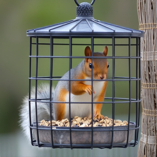 Caged feeder protecting seed from squirrel