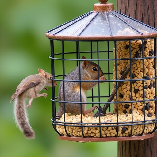Caged feeder protecting seed from squirrel