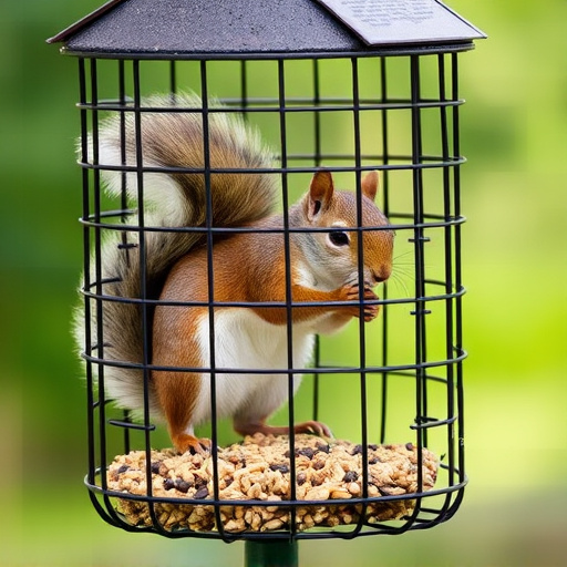 Caged feeder protecting seed from squirrel