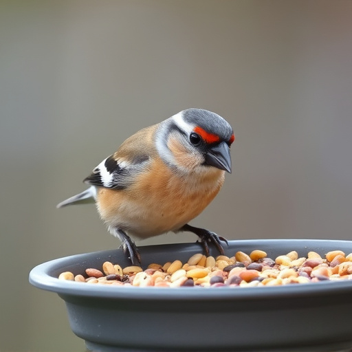 Chaffinch pecking at seed tray