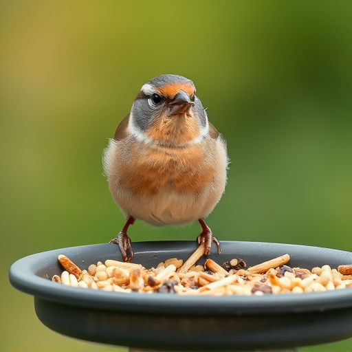 Chaffinch pecking at seed tray