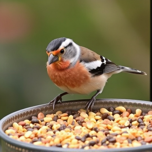 Chaffinch pecking at seed tray