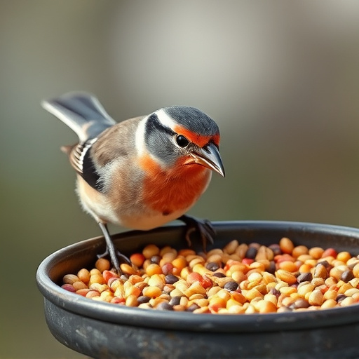 Chaffinch pecking at seed tray