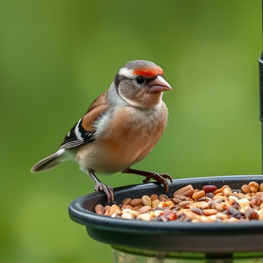 Chaffinch pecking at seed tray