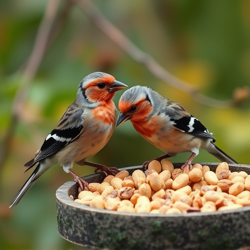 Chaffinches eating peanuts in garden