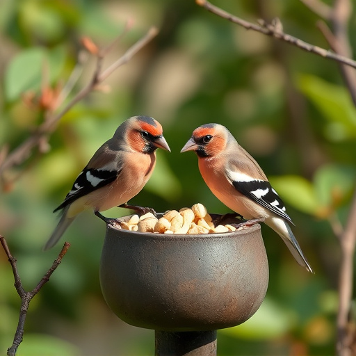 Chaffinches eating peanuts in garden