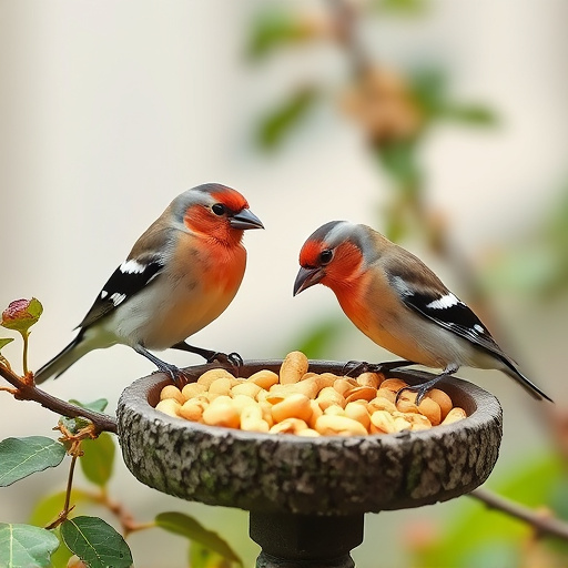 Chaffinches eating peanuts in garden