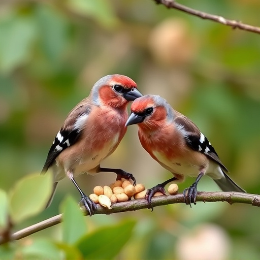 Chaffinches eating peanuts in garden