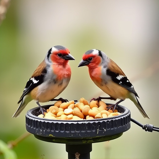 Chaffinches eating peanuts in garden