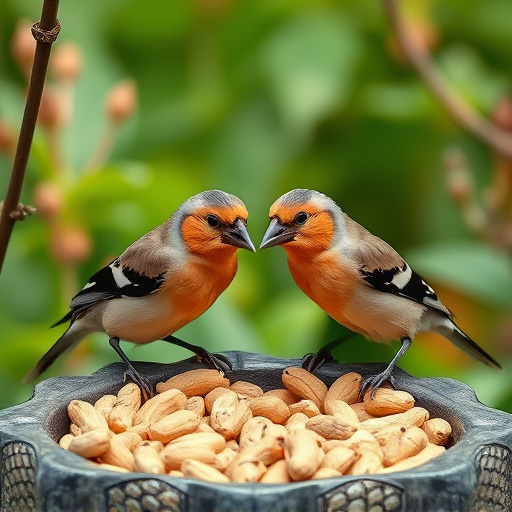 Chaffinches eating peanuts in garden