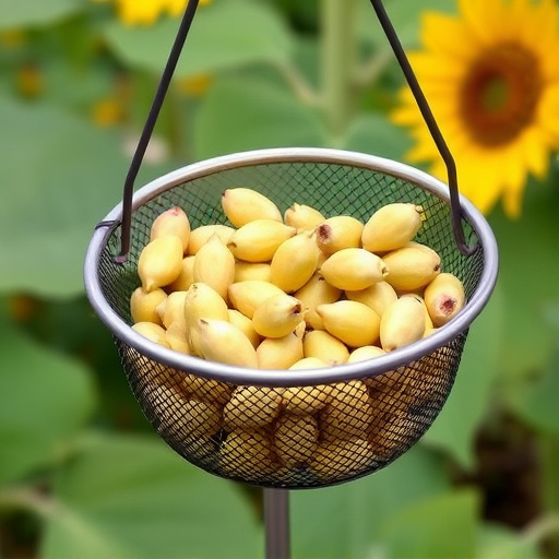 Clean sunflower hearts in metal mesh feeder