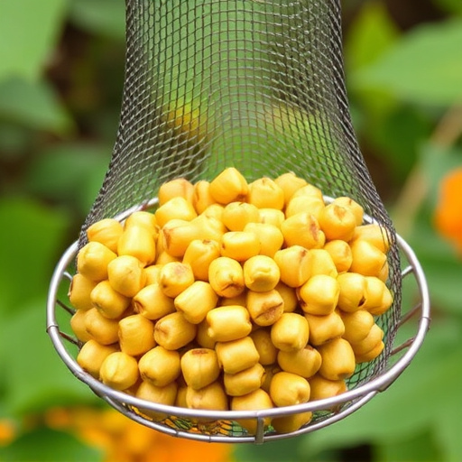Clean sunflower hearts in metal mesh feeder