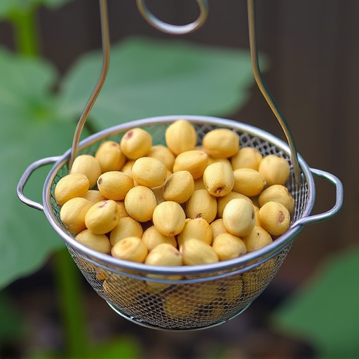 Clean sunflower hearts in metal mesh feeder