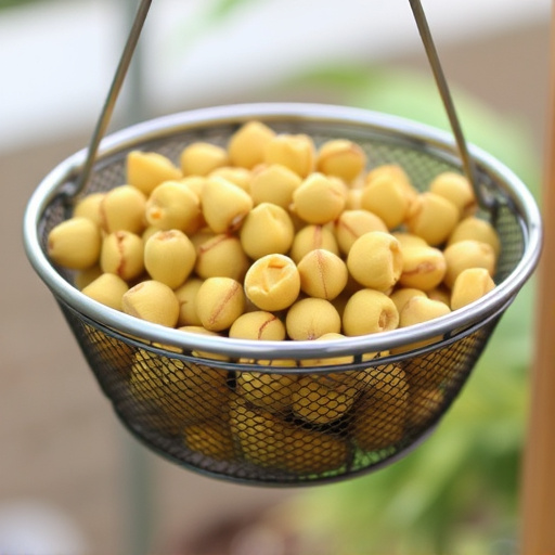 Clean sunflower hearts in metal mesh feeder