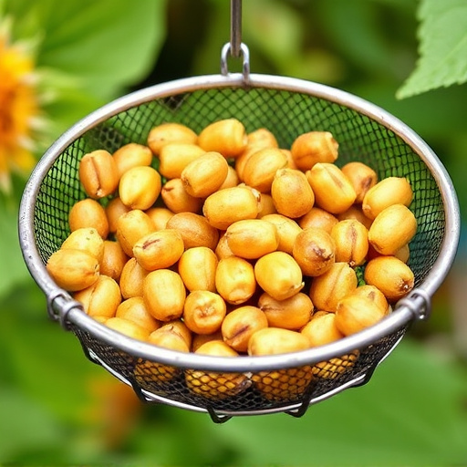 Clean sunflower hearts in metal mesh feeder