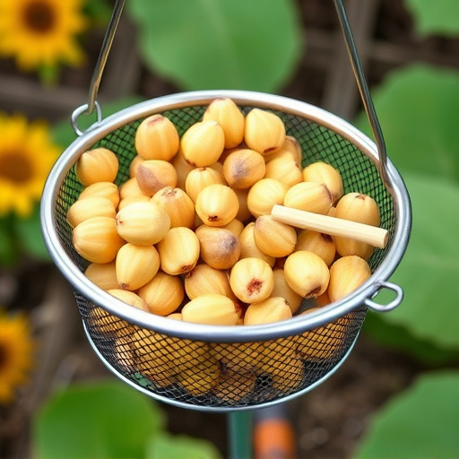 Clean sunflower hearts in metal mesh feeder