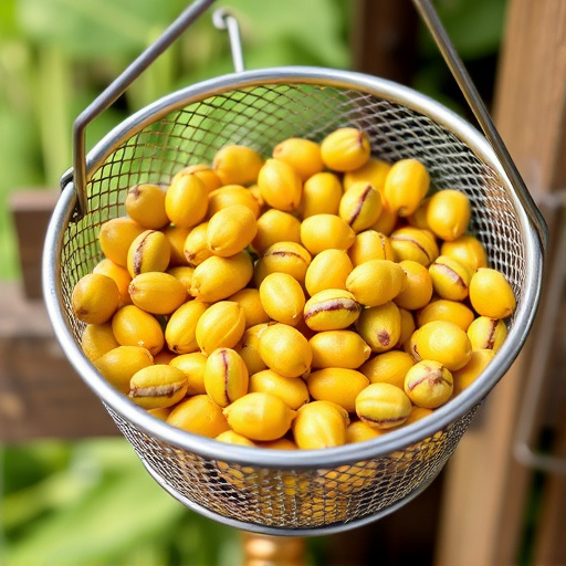 Clean sunflower hearts in metal mesh feeder
