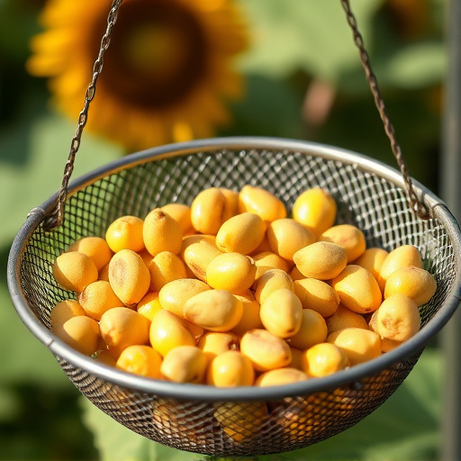 Clean sunflower hearts in metal mesh feeder