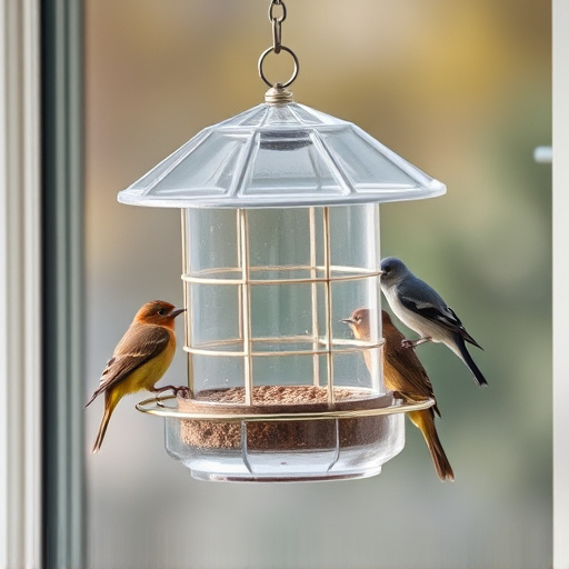 Clear window-mounted bird feeder with birds