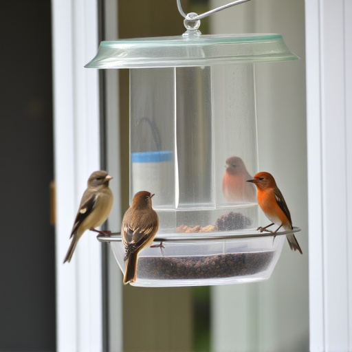 Clear window-mounted bird feeder with birds