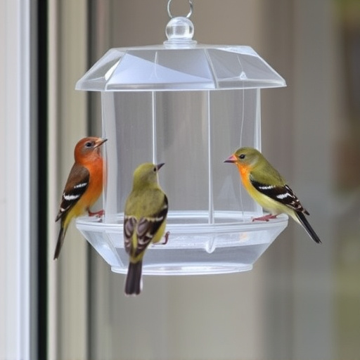 Clear window-mounted bird feeder with birds