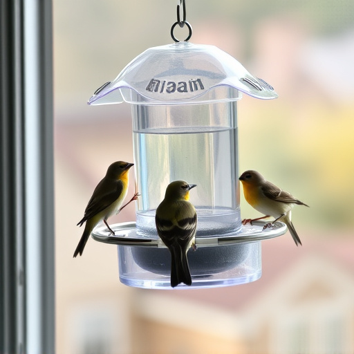 Clear window-mounted bird feeder with birds