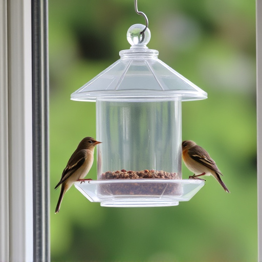 Clear window-mounted bird feeder with birds