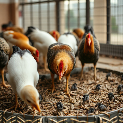 Close-up of caged ground feeding station