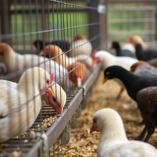 Close-up of caged ground feeding station