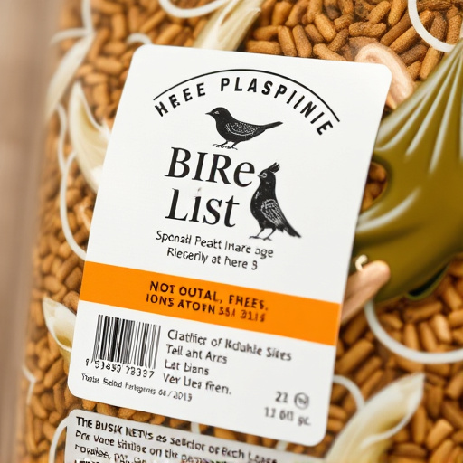 Close-up of labelled bird feed packaging