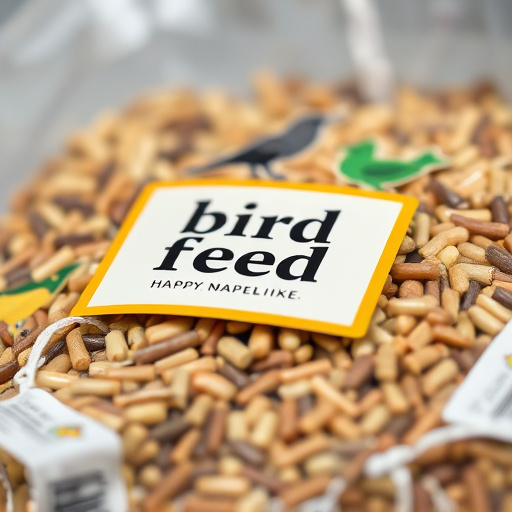 Close-up of labelled bird feed packaging