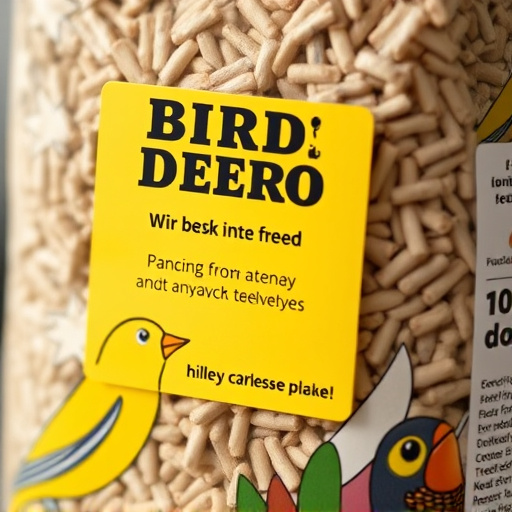 Close-up of labelled bird feed packaging