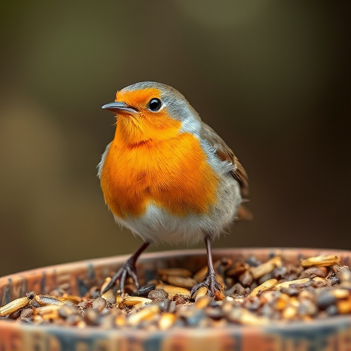 Close-up of robin near mealworm tray