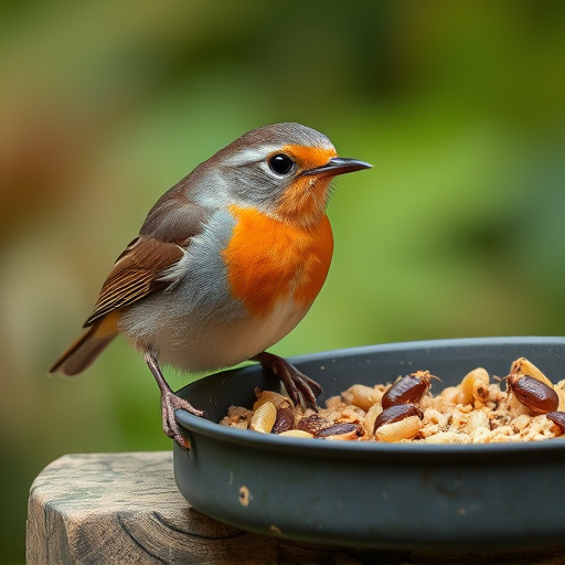 Close-up of robin near mealworm tray