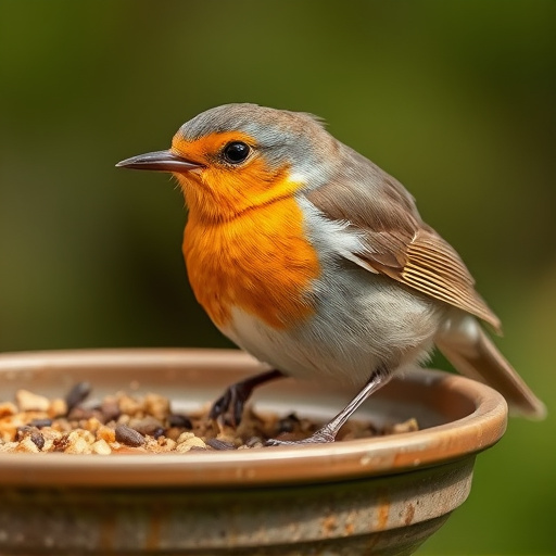 Close-up of robin near mealworm tray