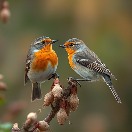 Close-up of seeds attracting small robins